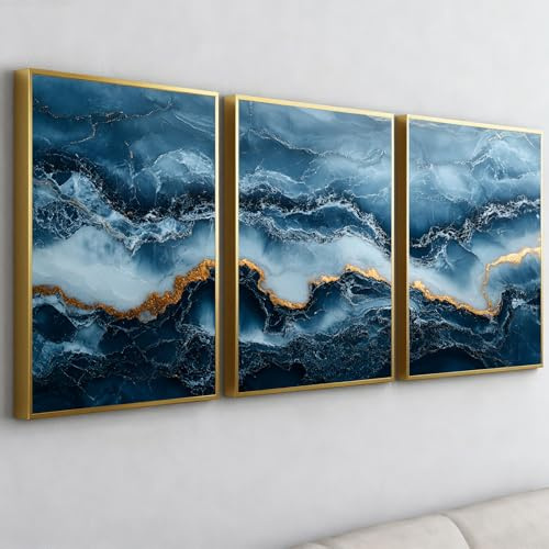 PWAAHDC Wandbilder 3er Set mit Rahmen 30x40 cm, Abstrakte Blau Gold Leinwand Poster für Wohnzimmer & Schlafzimmer Modern