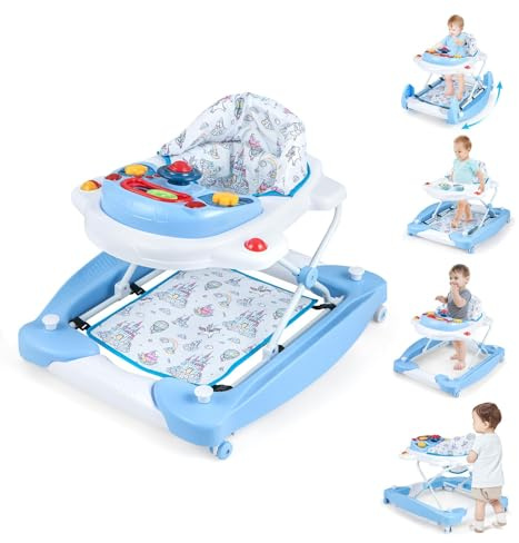FANTASK 6 in 1 Lauflernwagen, Baby Walker mit Musik & Licht, Lauflernhilfe höhenverstellbar & klappbar, Laufwagen mit abnehmbarem, Spielboard & Fußpolster, Gehfrei baby ab 6 Monaten (Blau)