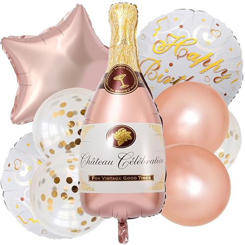 Folienballon Champagne & Stern mit Helium | XXL Sektflaschen Deko + Sterne | Ideal für Hochzeiten, Geburtstage, Events (9 Stück)