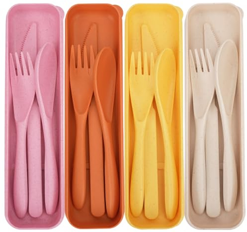 Zoyiancy 4 Sets Travel Reusable Cutlery Set with Case, Portable Fork Knife Spoon Set, Plastic Utensils Set for Picnic School Office Lunch Camping (Pink, Orange, Light Yellow, Light Beige)