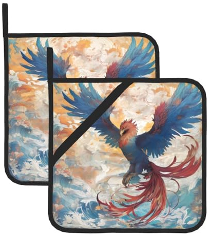 Data Stream Phoenix Prints Square Heat-Proof Pot Holders (Set of Two) 8x8 in : Quality Fabrics, Anti-Scalding and Easy to Clean
