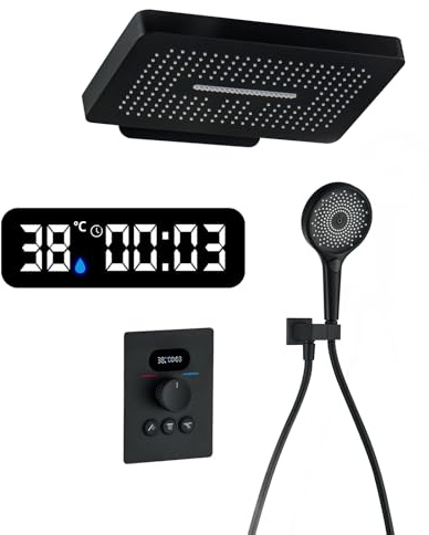 Colonne De Douche Noir,Système De Douche Avec Thermostat,Encastrable Ensemble De Douche,Affichage LED,Pommeau De Douche À Effet Pluie, Douchette À Main,3 Types De Jets,Cuivre