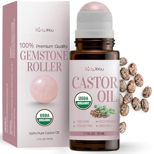 Castor Oil Roll On Eyelashes Eyebrows - 100% Pure Natural USDA Organic Cold Pressed - Hydrating Skin Hair Growth Oil Lashes - Non-GMO Hexane Free Unrefined - Natural Stone Roller Amber Glass 1.7 Fl Oz