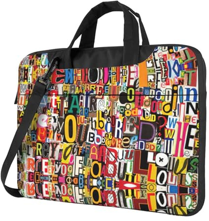 Uusnwaa Klassisk smal bärbar dator brev och nummer tryckt väska med axelrem och handtag, ergonomisk portfölj och messengerväska, Svart, 15.6 inch