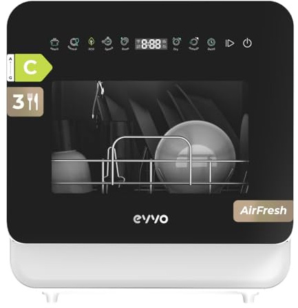 EVVO Mini D Trip 3 - Kompakter Geschirrspüler, 3 Gedecke, Energieklasse C, 6 Programme, Extra Air Fresh, LED-Touch-Panel, Startvorwahl, keine Installation