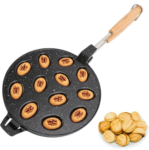 Walnut Cookie Mold Maker, Aluminum Alloy Non Stick 12 Holes Nut Oreshki Baking Pan with Wood Handle, Heat Resistant Pastry Maker Tray for Cakes Egg Waffle Cookies Molding Baking (Black)