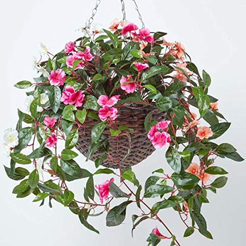 HOMESCAPES White, Orange and Pink Artificial Hanging Basket Large Lifelike Hanging Plant For Indoor and Outdoor Decoration Trailing Flowers In Brown Wicker Pot with Metal Chain and Hook 85 cm Long