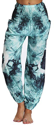 FANSU Damen Haremshose Tasche, Sporthose Yogahosen elegant Blumenmuster Pumphose Leichte Sommerhose Hose Hosen Große Ballonhose Hippiehose (Einheitsgröße,Hellgrün)