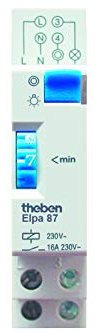 Theben 087002 ELPA 87 minutero de Escalera electromecánico Carril DIN | 1-7 min, 300 W LED, rearmable tras 30 s, consumo en reposo 0 W, 3/4 hilos, selector de luz permanente, carga de neón 50 mA