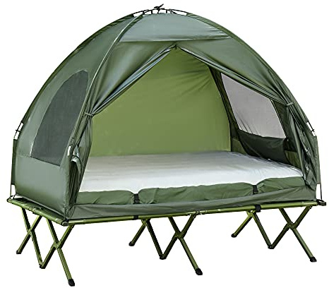 Outsunny Erhöhtes Campingbett und Zelt, Feldbett, Kuppelzelt mit Luftmatratze, inkl. Pumpe, TAFT, Grün, 193 x 136 x 178 cm