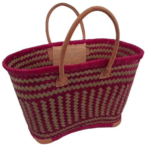 Panier Cabas en Jonc anses et coins cuir renforcés Fushia