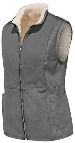 Hollert Damen Lammfellweste Emma Grau Lederweste Fellweste warme Weste Reiterweste Outdoor Freizeit Echtleder Merino Schaffell Größe M