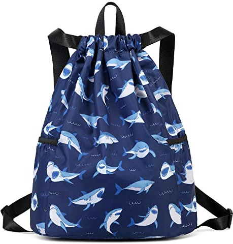Ryushoyo Children Boy Girl Ocean Shark Print Drawstring Backpack Outdoor Casaul Portable Shoulder Bag Swim Gymsack Sack Pack Dark Blue
