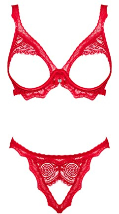 Selente Love & Fun Ensemble Lingerie Femme à 3 pièces: Soutien-Gorge, String et Bandeau pour Les Yeux en Satin, Rouge Ouvert 3 p., XS-S