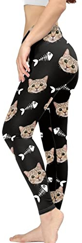Kuiaobaty Vardagliga damleggings, kamo, svamp, dödskallar, blomma, marmortryck hög midja yogabyxor magträning gym leggings, Roliga katter fiskben, L