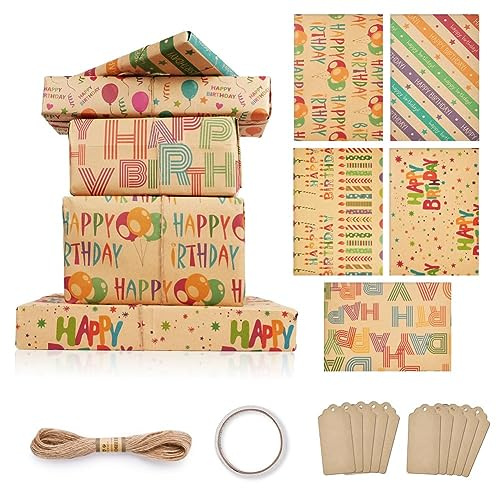 OFFCUP Carta da regalo riciclabile, 50 x 70 cm, carta da regalo multiuso, con 10 etichette regalo, corda da 10 m, 1 rubinetto a doppio lato, per feste di nozze, uomini, ragazze, ragazzi (B)
