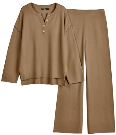 LILLUSORY Mode Kleider 2 Stück Oversize Slouchy 2022 Winter Koordinierte Wohnzimmer Set Bequeme Strickpullover Home Pullover Set | Bequeme Strick-Loungewear, Flughafen-Reise-Outfits, Henley-Tunika mit überschnittenen Schultern, Tunika und weitem Bein zum