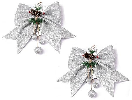 5 Stück 25cm×30cm Weihnachtsschleife,Große Glitter Bow mit Tannenzapfen und Perlen,Weihnachtsbaumschleifen Weihnachtsbaumschmuck Weihnachtsdekorationen Christbaumschmuck Weihnachtsschmuck,Silber
