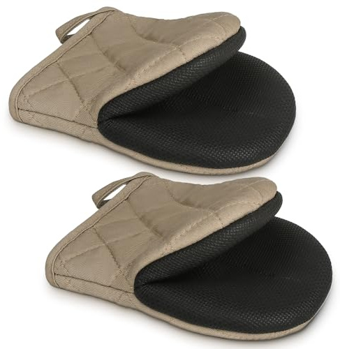 1 Pair Short Oven Mitts - Silicone Kitchen Oven Gloves High Heat Resistant 500℉, Mini Oven Mits with Non-Slip Grip Surfaces and Hanging Loop for BBQ, Baking, Cooking and Grilling (Coffee)