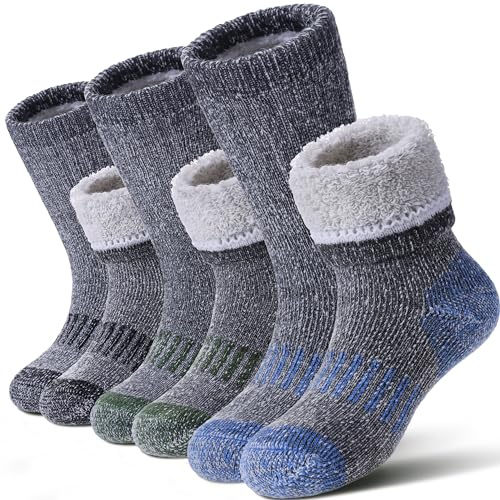 LANLEO Kids Merino Wool Hiking Socks - Boys & Girls Winter Thermal Warm Thick Cozy Cushion Boot Crew Socks - 3 Pairs - Ages 4-7