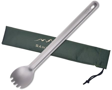 SANTTA Long Handle Spork, Ultralight Titanium (Ti) Spork | 8.46inch Long Handle for Stirring/Mixing | with a Carry Bag for Camping, Backpacking, Hiking