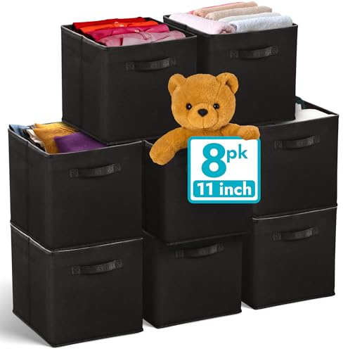 Reli. 11 Inch Cube Storage Bins (8 Pack) | Cube Organizer Bins | 11x11 Fabric Storage Boxes | Collapsible, Foldable Fabric Cubby Box (Square) | Kids Room Organization (Black)