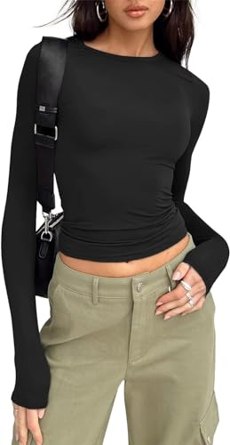Manxing Women Basic Long Sleeve Top Slim Fit Crop T Shirt Round Neck Tee Shirts Solid Color Tops Fashion Streetwear Black
