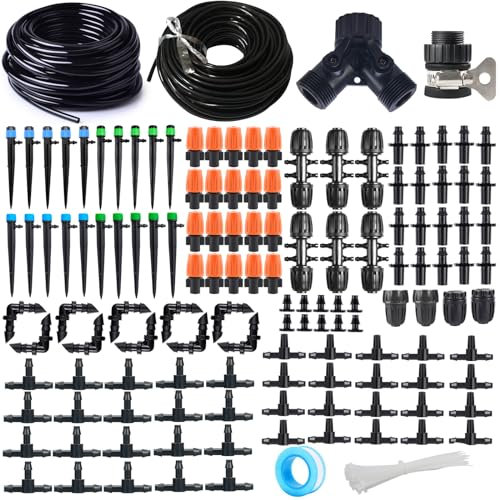 HOINCO Garten BewässerungsSystem,Bewässerung Kit Tropfbewässerung Garten Bewässerungssystem 1/4 Inch 1/2 Inch 197FT DIY Drip System,Y-Typ Tee Diverter Universal Fitting Sprayer Drip Connector Fitting