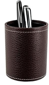 DELMON VARONE - Stifteköcher aus Soft Grain Leder braun - Echtleder Stiftebecher mit PU Innenverkleidung und rutschfester Vliesunterseite - Eleganter Stiftehalter rund für Schreibtisch & Büro
