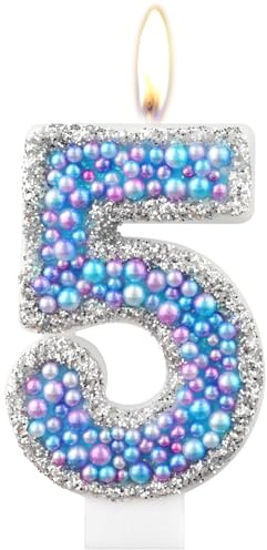 Macaron 5th Birthday Candles,Purple Blue Number 5 Candle for Cake, Color Pearl Candles, Macaron Themed Birthday Decorations, Sparkler Birthday Candle Cake Topper for Girls Boys Birthday Party Supplies
