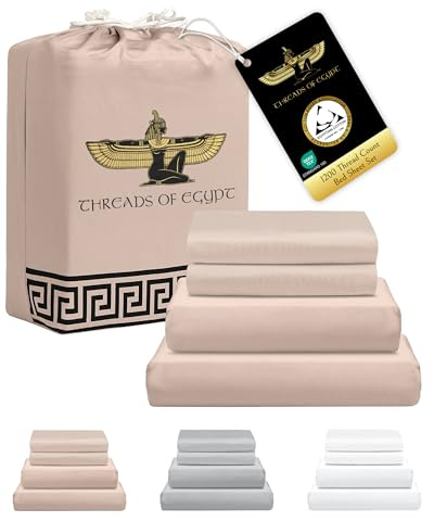THREADS OF EGYPT 100% Egyptian Cotton Sheets Queen Size | 1200 Thread Count | CEA Gold Seal Certified | Ultra Soft | Cooling for Hot Sleepers | 18 Deep Pocket | Queen Size [Dune]