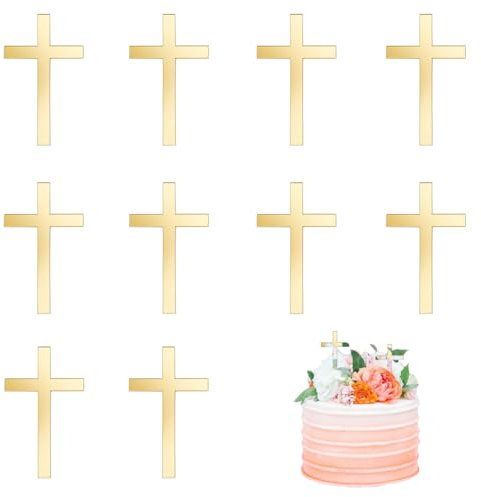 AHANDMAKER 10PCS Acrylic Cross Cake Decoration Baptism Cross Cake Charm Decorations Cross Cake Topper for Baptism Christening Party, 3.9 Gold Mirror