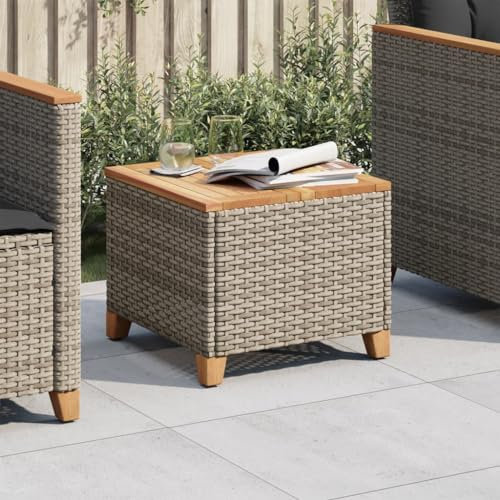 Sufrk Gartentisch Terrassentisch Wetterfest Lounge Tisch Outdoor BalkonhäNgetisch Grau 45x45x37 cm Poly Rattan Akazienholz