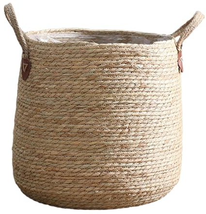 LOVIVER Woven Plant Basket Plant Pot Large Capacity Ornament Decorative Storage Planter Basket, Retro Straw Flowerpot Woven Plant for Lawn Yard Shelf Home Picnic, M, 33cmx36cm
