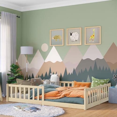 Bellabino Vere Bodenbett 140x200 cm, Massivholz Kiefer, Kleinkindbett Natur | Montessori Kinderbett mit Rausfallschutz & Lattenrost, Massivholzbett für Jungen & Mädchen aus Holz Kiefer, Kleinkindbett
