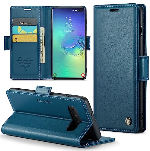 Rerzoiro Funda para Samsung Galaxy S10 Plus, Funda de Cierre Magnético, Cartera de Cuero PU con [Bloqueo RFID], Soporte, Ranura para Tarjetas, Carcasa de Libro, Case para Samsung S10 Plus, Azul