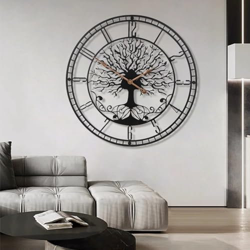 Large Tree of Life Clock Metal Black Big Wall Art Home Decor Living Room with Numbers Silent Mid-Century Modern Family Tree Clock Wall /24 Inch