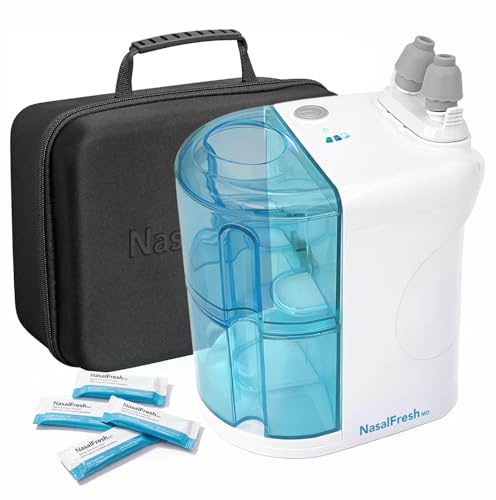 NASALFRESH MD Premium Bundle–Dual Powered Nasal Irrigation System Nasal Rinse and Wash, Sinus Decongestant Relief System, 60 Saline Packets, Case, Rechargeable, 2 Sets of Nose Pillows–Snoring Remedy