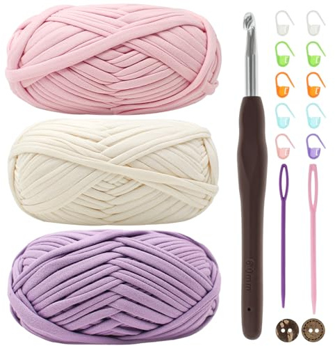 Renyiz Chunky Yarn for Crochet T Shirt Yarn, 3x100g Pink White Purple, Crochet Kit for Beginners, Elastic Fabric, Includes 6mm Crochet Hook, All Ages, Small, Not Foldable