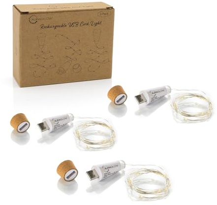 Auraglow USB Flaschenkorken Lichterkette 3er Pack, Akku 15 LED Draht | 1,5m leuchtet in jedem Glas Gefäß, 20 Minuten Ladezeit, für Hochzeit, Party und Tischdeko, keine Batterien