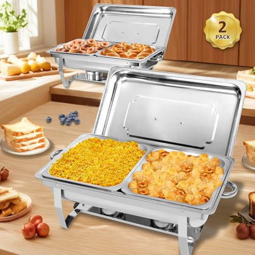 Jacgood Chafing Dishes for Buffet, 2 Pack 9L Roll Edge Designed Chafing Dish Buffet Set with 4 Half Size Food Pans, Stainless Steel Food Warmers for Parties Birthday Holiday Parties Banquets Dinners