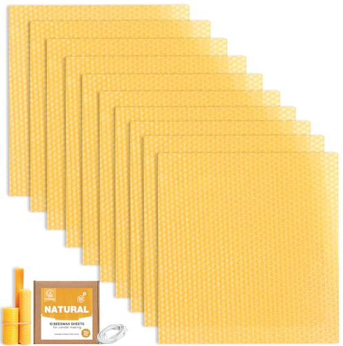 Natural Beeswax Sheets for Candle Making (10-Sheet Pack with Cotton Wicks) Natural Yellow Tone - DIY Beeswax Candle Rolling Kit for Kids & Adults