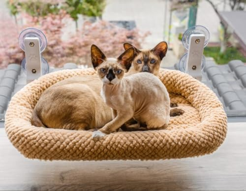 EDAGNY Weiche Katzen Hängematte Fenster Faltbar – Plüsch Katzen Fensterliege aus mit doppelseitigem Bezug, Stabiles Stahlgestell halten bis zu 18kg (Braun, M-wit mat)