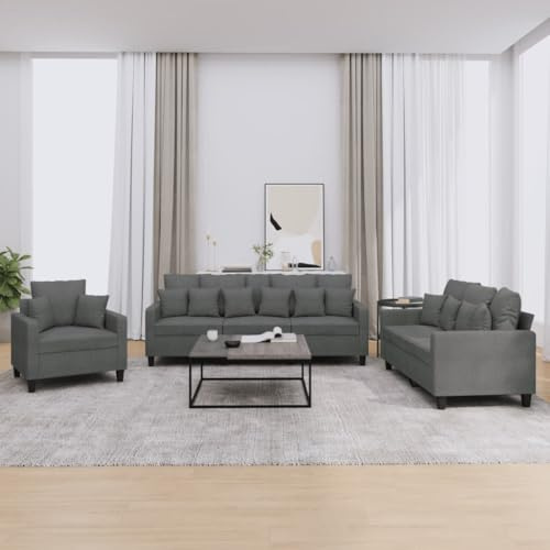 Gecheer 3-TLG.Sofagarnitur Schlafsofa Couch Sofa Polstersofa mit Kissen Sessel Sofa Loungesofa Couchsofa Gästesofa Polstergarnitur Sofa Garnitur Wohnzimmersofa Sitzmöbel Dunkelgrau Stoff