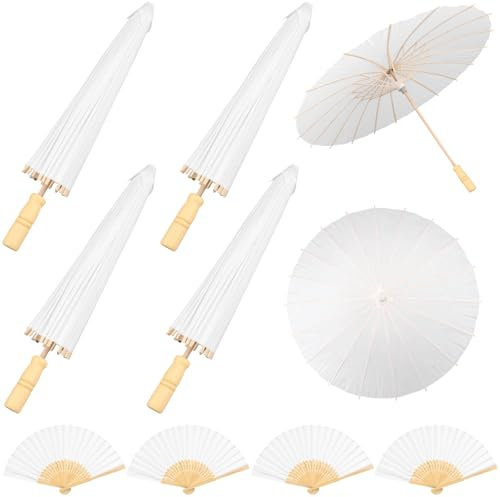 Haishell 4 Pcs Paper Parasol 84CM Chinese Japanese Oiled Paper Painting Umbrella and 4 Pcs Blank White Folding Bamboo Fan Retro Hand Fans for Wedding Bridal Party Decor