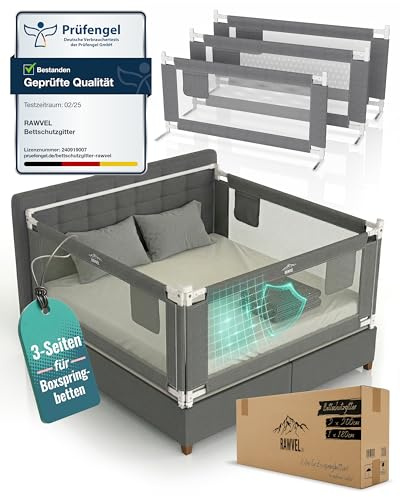 RAWVEL® Bettgitter Rausfallschutz Boxspringbett 180x200 cm [3 Seiten Komplett Set + Stange] - Labor geprüft - Rausfallschutz Bett - Bettschutzgitter Boxspringbett & Elternbett - Deutsche Anleitung