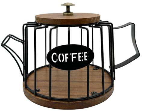 Large Coffee Pod Cup Organizer with Lid and Wooden Base Wire Cup Storage Container Espresso Pod Basket