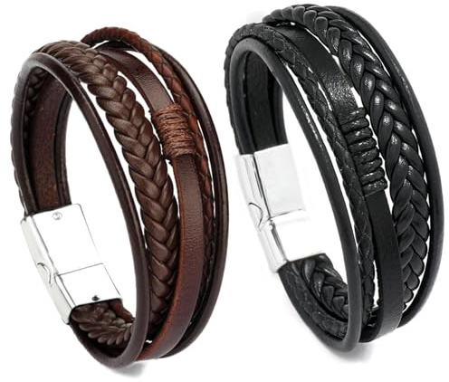 YUBBYSTU Bracelet homme, bracelet en cuir pour homme en noir et en marron, Bracelet Ajustable, Bracelets Style Tressé, Large Bracelet Nroulé Et Accessoires de Bijoux Pour Hommes