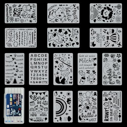 KQDRAVINE 15 Stück Schablonen Textilgestaltung, Malschablonen für Lätzchen zum Bemalen, Baby Lätzchen zum Bemalen, Schablonen zum Malen für DIY, Karten, Scrapbooking, Malerei, Wandmalereien (18*10cm)