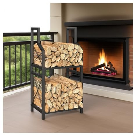 Étagère en métal pour bois de chauffage, support à bûches à 2 niveaux pour un rangement efficace du bois, idéal pour une utilisation en intérieur et en extérieur, cheminée ou poêle
